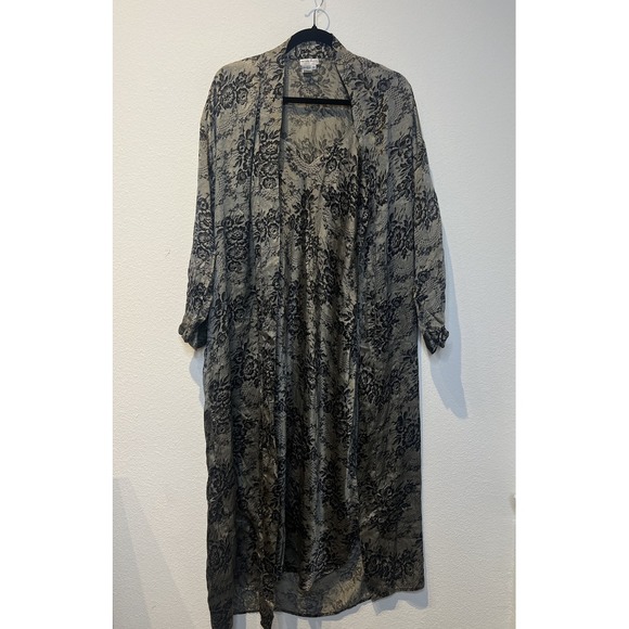 Vtg 100% Silk Long Peignoir 2 Piece Set-For Your Comfort Med Black & Gold Floral - Picture 1 of 11